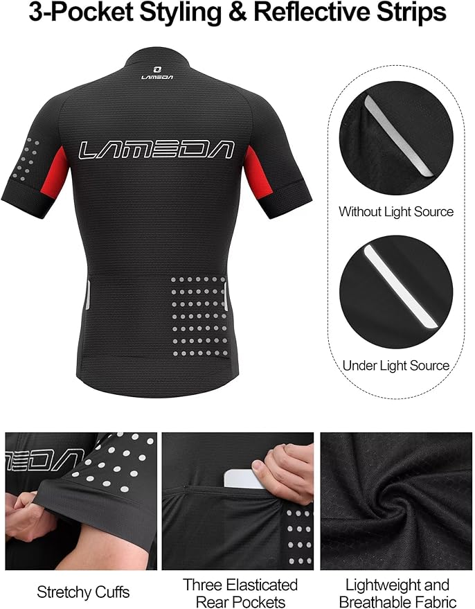 LAMEDA Men's Cycling Jersey Breathable Lightweight Short Sleeve Elastic Pro Road Bike Shirt Full Zip