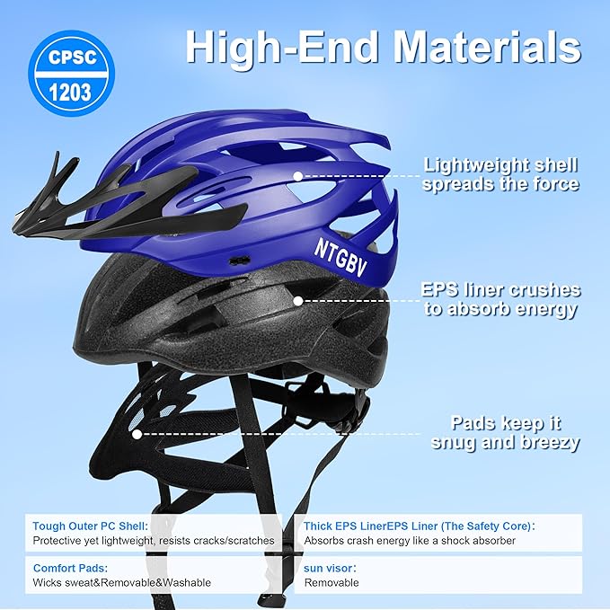 Adult Bike Helmet for Men/Women with Helmet Bag 2 Removable Moisture-Wicking Liners & Visors Lightweight Shockproof Adjustable Design CPSC 1203 & EN 1078 Safety Certified for Road/Commute/MTB