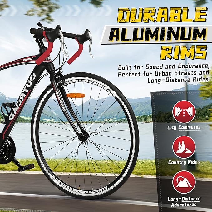 700C Lightweight Aluminum Road Bike – 14-21 Speed Commuter Bicycle with Dual Disc/V Brakes for Men & Women (Black, Red, Blue, White)