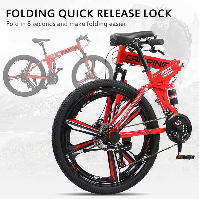 Ktaxon 26 Inch Foldable Mountain Bike, 21 Speed Folding Mountain Bike with Double Shock Effect, Powerful Mechanical Dual Disc Brakes, Unique Design and Ergonomic Frame & Cushion