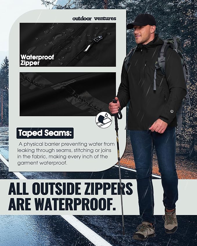Outdoor Ventures Men's Packable Rain Jacket Waterproof Lightweight Raincoat with Hood Windproof Cycling Jackets