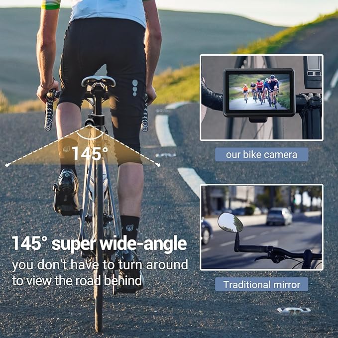 FEISIKE Handlebar Bike Mirror, Bicycle Rear View Camera with 4.3'' HD Night Vision Function, 145° Wide Angle View, Adjustable Rotatable Bracket, Compatible with Bicycle, Mountain, Road Bike