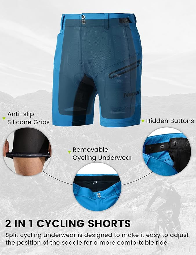 Nepest Mens Mountain Bike Shorts 3D Padded MTB Bicycle Riding Cycling Short Padding Liner Baggy Quick Dry,Zip Pockets