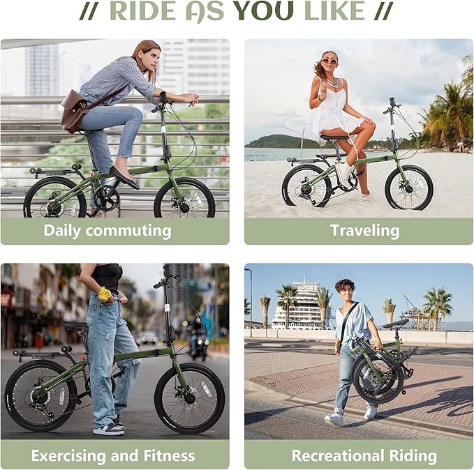 7-Speed Folding Bike, 20" x 1.95" Tires, Tri-Fold Design with Rear Rack Wheels, Steel Frame, Ideal for Urban Commuting