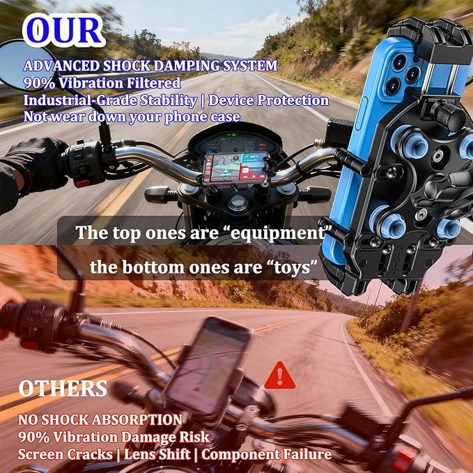Motorcycle Phone Mount-[Triple Vibration Dampener] & [Metal Adjustment Arm]，Motorcycle Cell Phone Holder, Bike Phone Mount for iPhone 17 16 15 Pro Max, 5.4-7.2" Smartphones