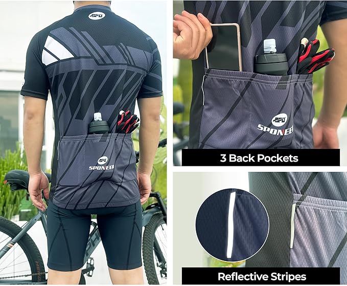 sponeed Men's Cycling Jerseys Tops Biking Shirts Short Sleeve Bike Clothing Full Zipper Bicycle Jacket with Pockets