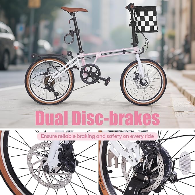 20 Inch Folding Bike, 7-Speed Foldable Bike for Adults Women Men, Folding Bicycles with Basket for Adults, Commuter Bikes with Front and Rear Disc Brakes, Adjustable Seat