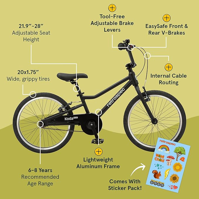 Retrospec Koda Plus Kids Bike for Boys & Girls Ages 6-8 Years - 20" Children's Bicycle, Adjustable Seat & Handlebars