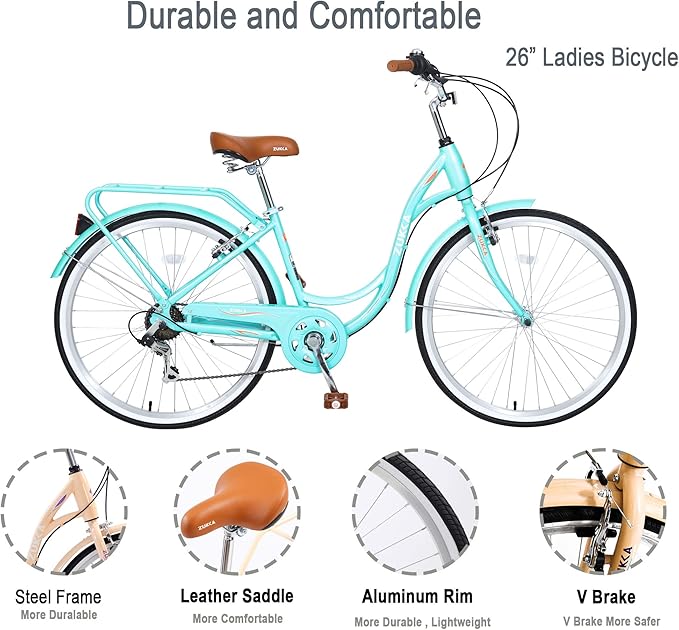 ZUKKA Beach Cruiser Bike for Women 24/26 Inch Ladies Bike 7 Speed Complete Cruiser Bikes with Dual V-Brake and Adjustable Seat, Adult City Bike for Women, Men, Multiple Colors