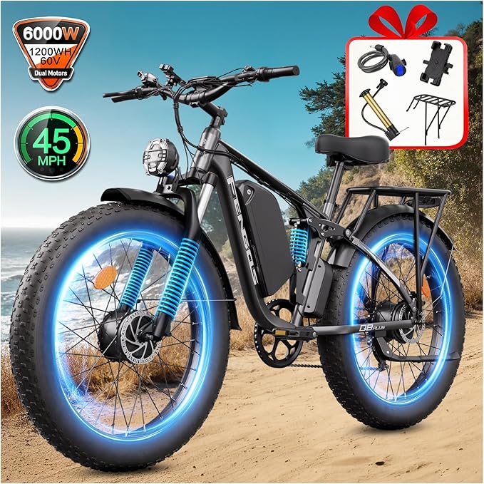 6000W Electric Bike for Adults, 45MPH Dual Motor Ebike, 60V 1200WH E Bike, 100 Miles Bicycle, Full Suspension, Dual Hydraulic Disc Brake Ebike, Charge Voltage 67.2V, Brake/Turn Signal