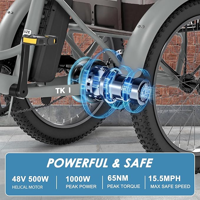 MOONCOOL Folding Electric Tricycle for Adults, 48V 500W 3 Wheels Electric Trike, Aluminum Frame 750W Electric Tricycle Adult Bicycle with Removable Battery, Front and Back Bags