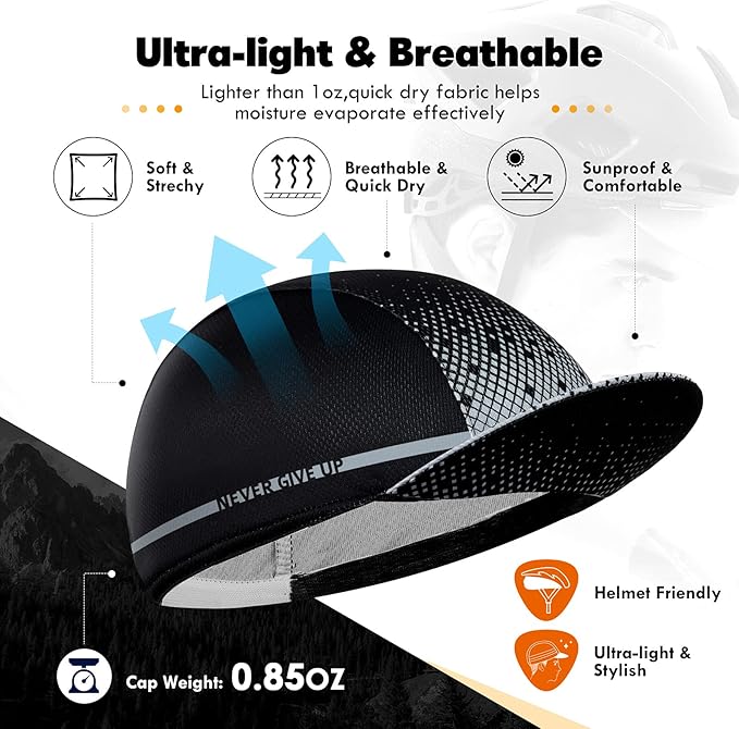 Hikenture Cycling Cap,Cooling Skull Cap Bike Hat with Sun Visor, Summer Breathable Helmet Liner Biking Cap for Men Women