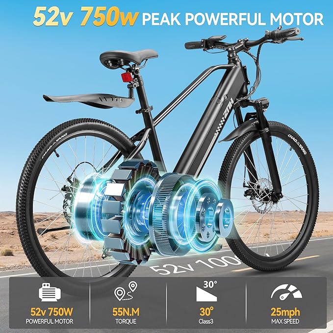 ZNH Electric Bike for Adults, 750W Peak Electric Commuter Bike for Adults with 48V 13Ah Removable Battery, 26'' Fat Tire Electric Bike with Suspension Fork, LCD Display, UL2849 Certified, TUV