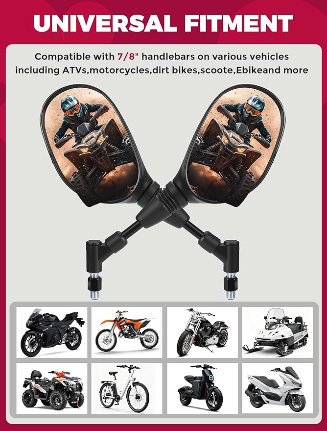 ATV Motorcycle Rearview Side Mirrors Universal 360 Degrees Ball-Type Adjustable 7/8" Handlebar Mount 8mm 10mm Adapters for ATV Scooter Moped Polaris Sportsman Honda Rincon