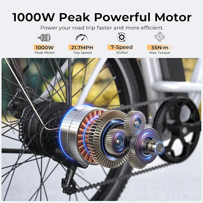 Electric Bike for Adults, Peak 1000W Ebike, 50Miles 21.7MPH UL 2849 Certified Commuter Bike, 26'' City Cruiser Bicycle with 48V Removable Battery, Rear Rack, Adjustable Stem, 7 Speed