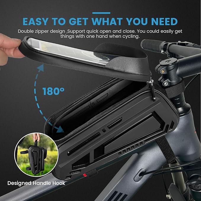 Bike Frame Bag, EVA Hard Shell Bag with 2.0L Capacity,Top Tube Bicycle Storage with 6.8" Touch screen Phone Holder, Handlebar Bike Storage Bag Cycling Pouch for MTB & Road Bikes.