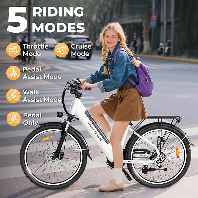 WINDHORSE 26" Electric Bike for Adults 20MPH & 30-50 Miles Range, Shimano 7-Speed, 468WH Removable Battery Commuter Ebike with 750W Peak Motor, Front Suspension, Rear Rack, Fenders, UL2849 Certified