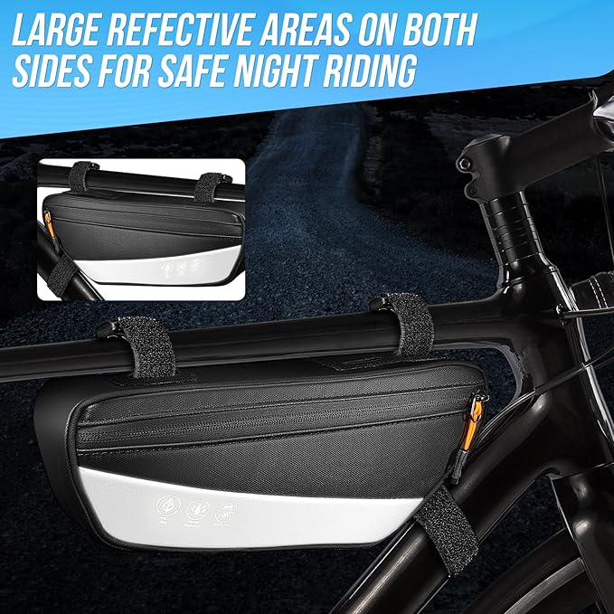 WOTOW Bike Frame Bag - Waterproof Bike Triangle Bag with Side Pocket - Reflective Bicycle Under Tube Storage Pouch for Road Mountain Cycling Travel, 1.8L