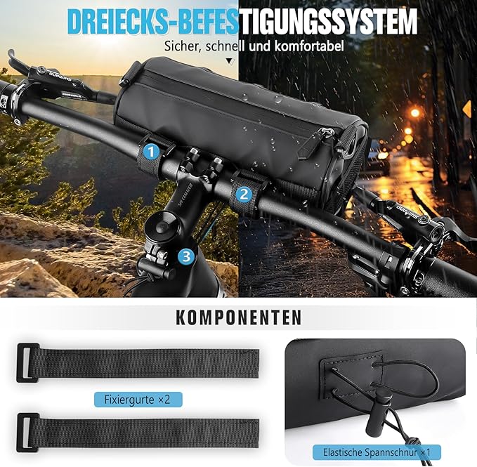 GXCROR Bike Handlebar Bag Waterproof 2.4L - Bicycle Front Bag Frame Storage Roll Bag Mountain Road, Bag Professional Cycling Accessories, Convertible to Crossbody Sling & Hand Carry Bag Handlebar Bag