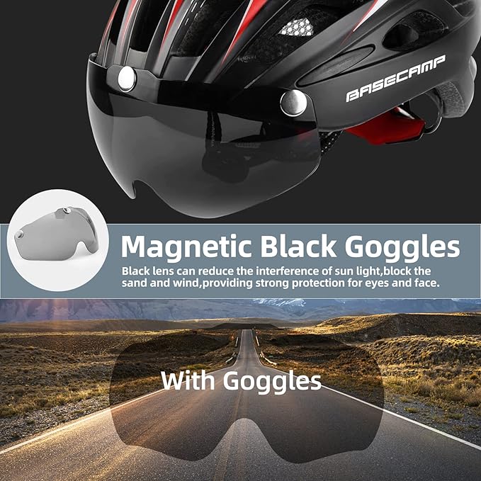Bike Helmet, Basecamp Bicycle Helmet with Rear Light & Detachable Magnetic Goggles Lightweight Cycling Helmet Adjustable for Adult Men Women Mountain & Road (BC-069)