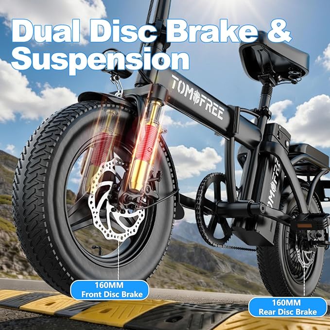 Tomofree Folding Electric Bike for Adults 20-24MPH Peak 750W EBike, 48V 20AH Removable Battery for Electric Bicycles, 40Miles Max Range, 10 Shock Absorbers, 14'' Fat Tire Foldable E-Bike, PAS E Bike