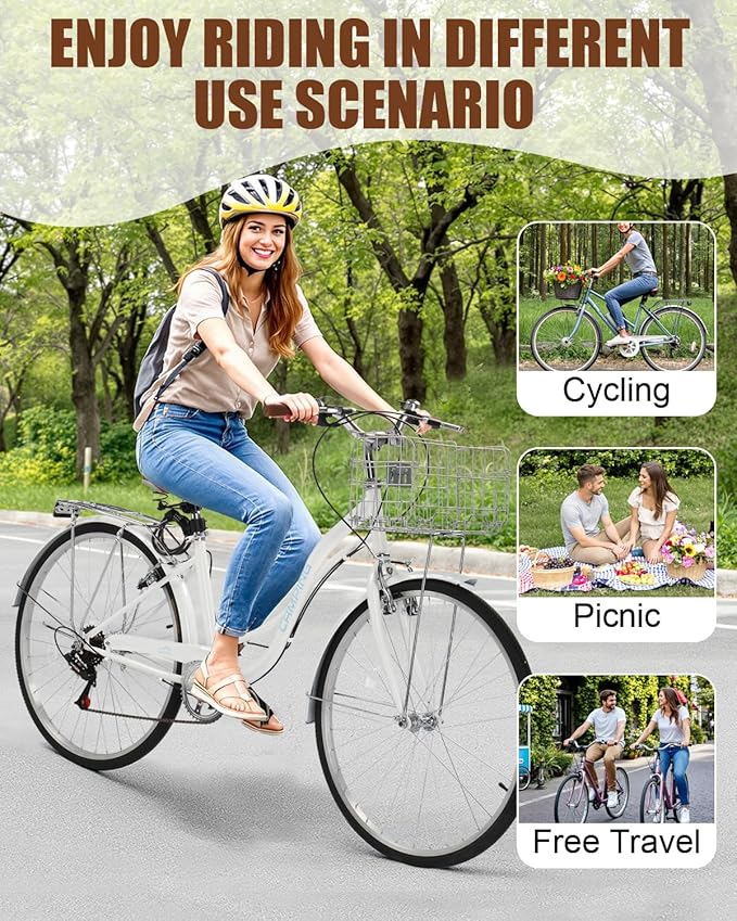 Ktaxon Women Bike 24/26 Inch Bicycles for Women, Beach Cruiser Bike with Premium Derailleur & Shift Lever, Adjustable Seat, High-Carbon Steel Frame and Excellent Welding Technology | Premium Derailleur, Shift Lever, Adjustable Seat