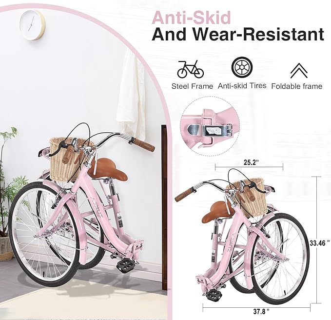 26 Inch Women's Folding Bike – Lightweight&Collapsible Frame with Dual Brakes,Single-Speed Commuter Bicycle for Adult,Multiple Color