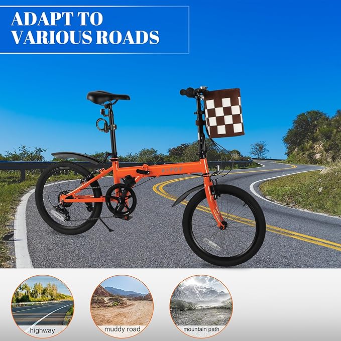 20 Inch Folding Bike for Adults, 7 Speed Foldable Bike with Basket, Lightweight Folding Bicycle with Adjustable Seat & Front and Rear V-Brakes (Orange)