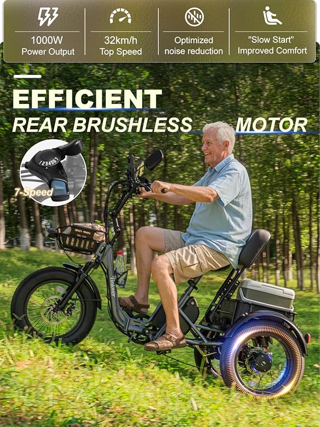 Folding Electric Tricycle for Adults 2 Seater, 22MPH 100 Miles 4" Wide Fat Tire Electric Trike, 3 Wheel Electric Bike 1200W, 48V 20AH Battery, 550LBS Load, Reverse, Parking, Differential, UL Certified