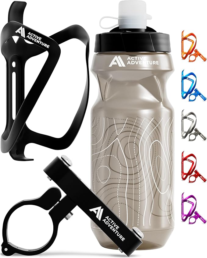 Bike Water Bottle Holder Combo - 20 Oz Squeeze Bottle & Bicycle Mount Cage Rack, No Screws Needed, Durable Alloy - Fits All Handlebar Bikes & MTB Mountain Road - for Adults, Kids (Black)
