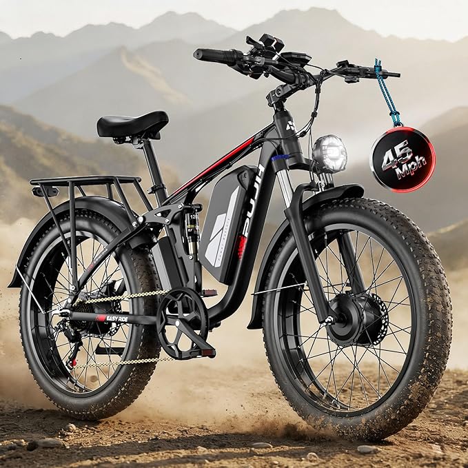 6000W Max Speed 45MPH Dual Motor Electric Bike for Adults,60V 1200Wh Removable Battery with 24" Fat Tire Up to 100 Miles Range with Full Suspension All Terrain Ebike for Men Women PU364