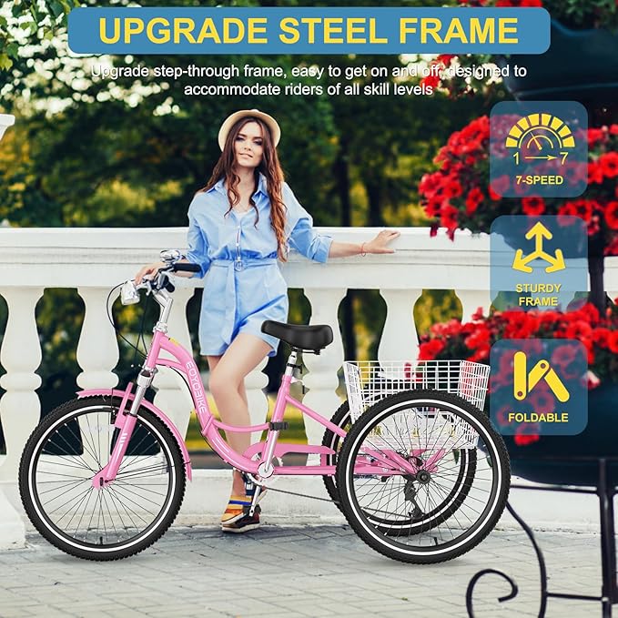 NAIZEA Folding Adult Tricycle - 7 Speed 20/24/26 Inch Folding Tricycle for Adult, 3 Wheel Bike, Foldable Trike with Large Basket/Low-Step Through for Men Women Senior