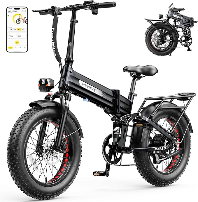 Heybike Mars 2.0/3.0 Foldable Electric Bike, UL2849 Certified, 70+Miles Long Range, 1400W/1800W Peak Motor 32MPH, 624WH Removable Battery, 20"*4 Fat Tire Ebike for Snow, Commute, Full Suspension