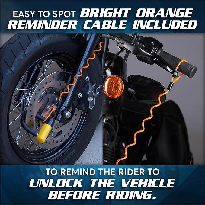 Anti Theft Motorcycle Disc Lock - Heavy Duty Bike Lock with Reminder Cable & Carry Pouch - Universal Fit Disc Brake Lock for Motorbikes, Scooters, and Mopeds (Yellow)