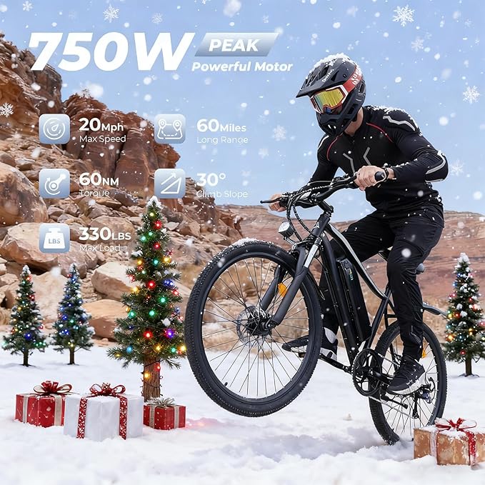 Electric Bike - 750W Peak Motor Electric Bicycle, 20MPH, 60 Miles, Removable Battery, Shock Absorber, 5 Speed E Bike, 26” Tire Commuter Electric Bicycle for Adults