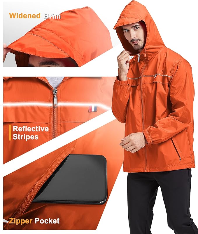 GEEK LIGHTING Rain Jacket Men Lightweight Waterproof Jackets Packable Windbreaker Hooded Raincoat for Golf Cycling Outdoor