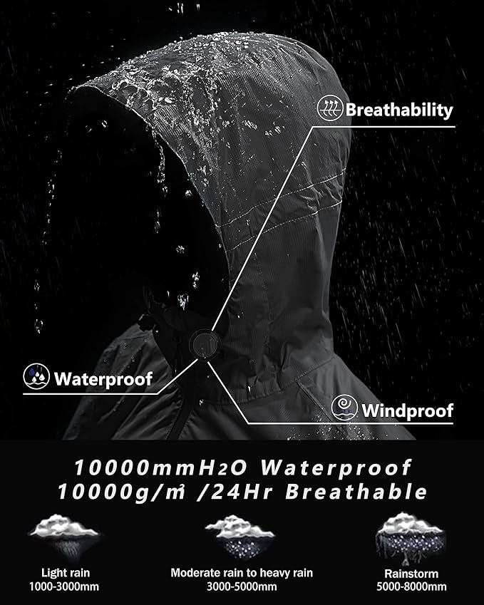 Outdoor Ventures Men's Packable Rain Jacket Waterproof Lightweight Raincoat with Hood Windproof Cycling Jackets