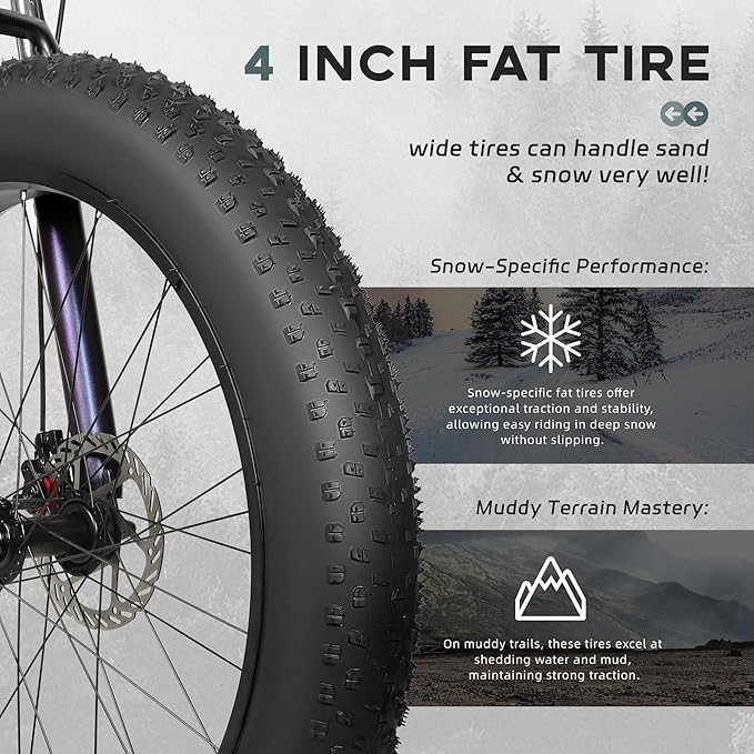 Outroad Fat Tire Mountain Bike with 26 inch Wheels, 21 Speed with High Carbon Steel Frame, Double Disc Brake and Front Suspension Anti-Slip Bikes
