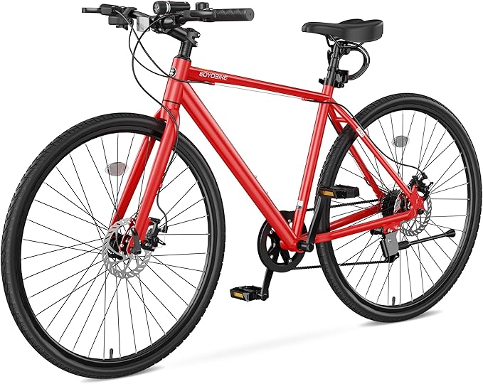MOPHOTO Hybrid Bike for Adults, 700C City Commuter Bicycle, Lightweight Aluminum Frame, 8-Speed Urban Fitness Bike for Men&Women, Dual Disc Brakes, Upright Flat Handlebar, LED Headlight & Reflectors