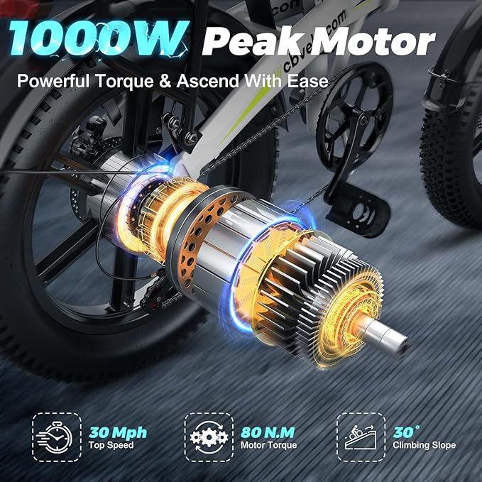 DriftGod Folding Electric Bike, 48V 20.8AH Large Removable Battery E Bike - 20"x3" Fat Tire - 80 Miles Max Range Ebike for Adults,Electric Bicycles for Commuter