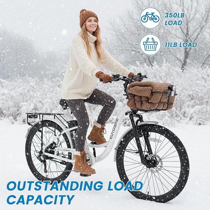 350W Electric Bike for Adults, 20MPH 7-Speed Commuter Ebike with 36V 10.4Ah Battery, Aluminum Frame, Front Suspension, Dual Disc Brakes, E Bicycle with Basket & Rear Rack, 330 lbs Load
