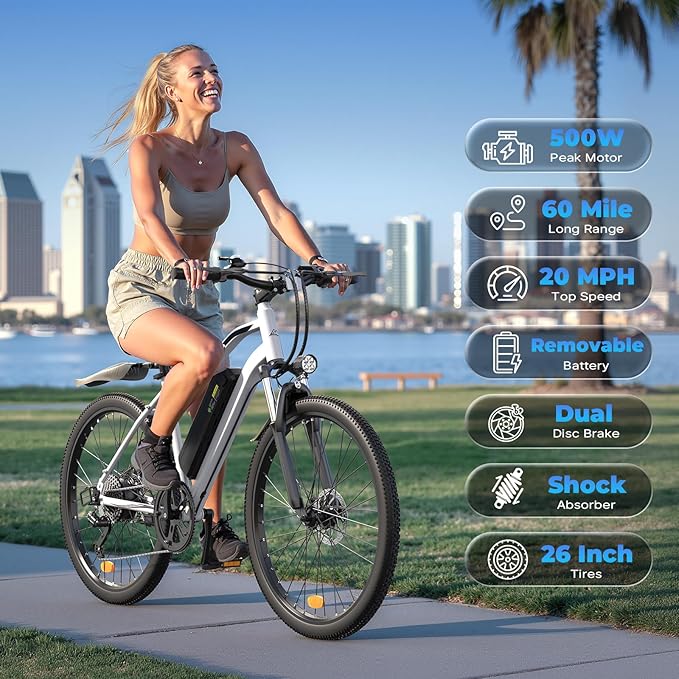 Electric Bike - 750W Peak Motor Electric Bicycle, 20MPH, 60 Miles, Removable Battery, Shock Absorber, 5 Speed E Bike, 26” Tire Commuter Electric Bicycle for Adults