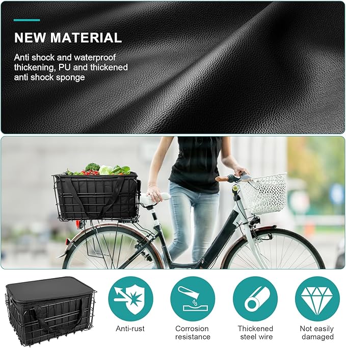 Riian Bike Basket Front/Rear, Thickened Shockproof Foldable Bicycle Basket with Waterproof Bag, Quick Release Design, Metal Bicycle Frame Basket for Adult Women Men