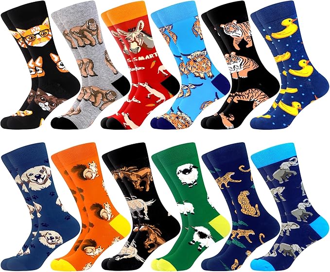 WeciBor Men's Dress Funny Crazy Colorful Novelty Combed Cotton Crew Socks 12 Pack - Size 7-10/10-13/13-15