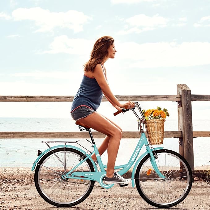 Betterland Beach Cruiser Bike for Women, 24/26 inch Hybrid Bike with Adjustable Seat, Womens Bike with Front Basket and Dual V-Brake, Step Through Comfort Bicycle for City Commuter