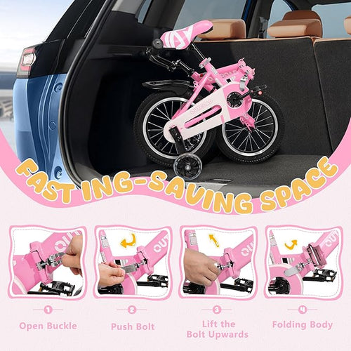 14/16/18 Inch Folding Kids Bike with Training Wheels, Gifts for Girl&Boy Age 3-10 Years, Toddler Bike with Dual Brakes for Beginners, Multi-Color