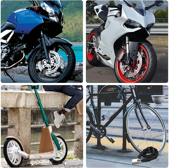 Justech Motorcycle Lock, Bicycle Chain Lock + Motorbike Alarm Disc Lock 110dB Alarm Sound with Reminder Cable and Carry Pouch for Bicycle Scooter