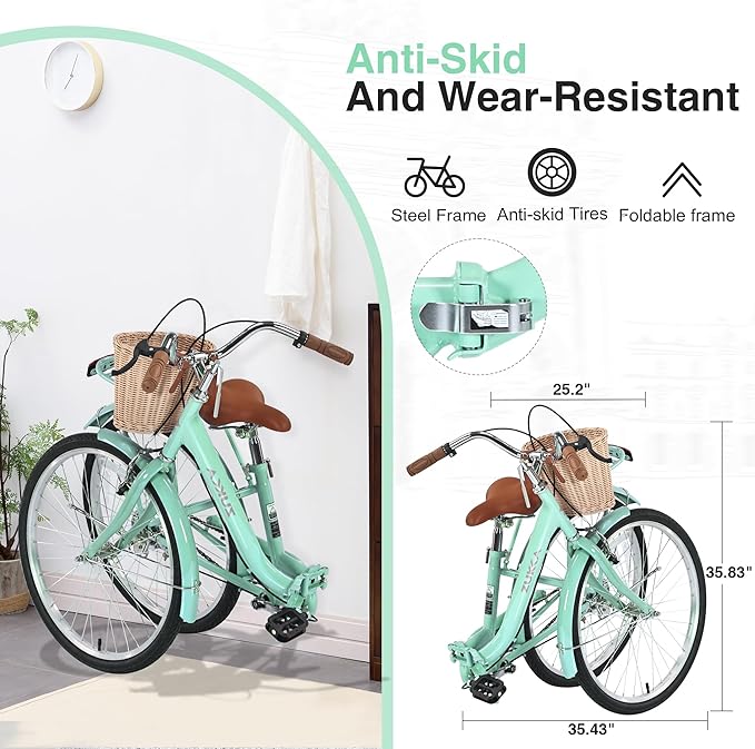 24/26 Inch Folding Girls/Womens Cruiser Bike，1-Speed Foldable Hybrid City Bicycle with Dual Brakes,Basket & Rear Rack，Adjustable Seat Post&Handlebar，3 Colors