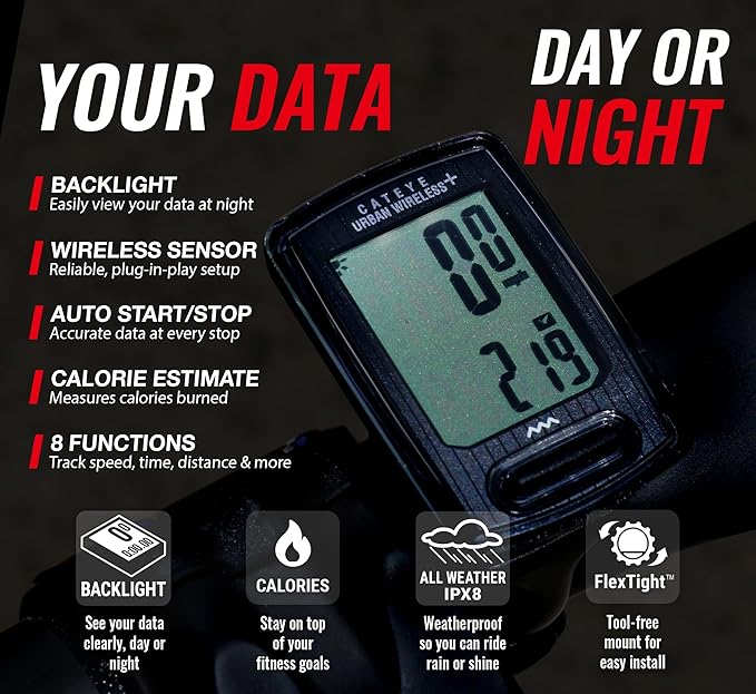 CATEYE Urban Wireless Bike Computer – Analog Speedometer & Odometer with Calorie Tracking, FlexTight™ Mount, Auto Start/Stop, Programmable Odometer & Easy Setup for All Bikes