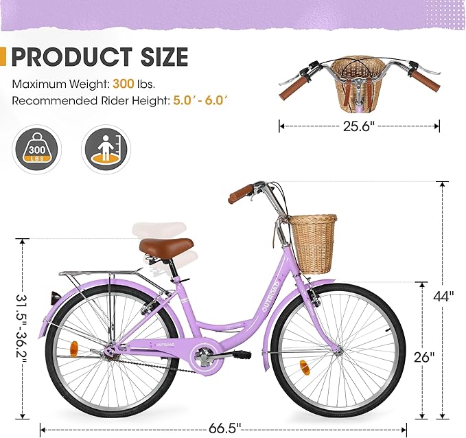 Outroad Beach Cruiser Bike, 24/26 inch Commuter Bicycle for Adult and Women,High-Carbon Steel Comfortable City Bikes with Rear Rack and Basket, (Black/Pink/White/Green/Purple)